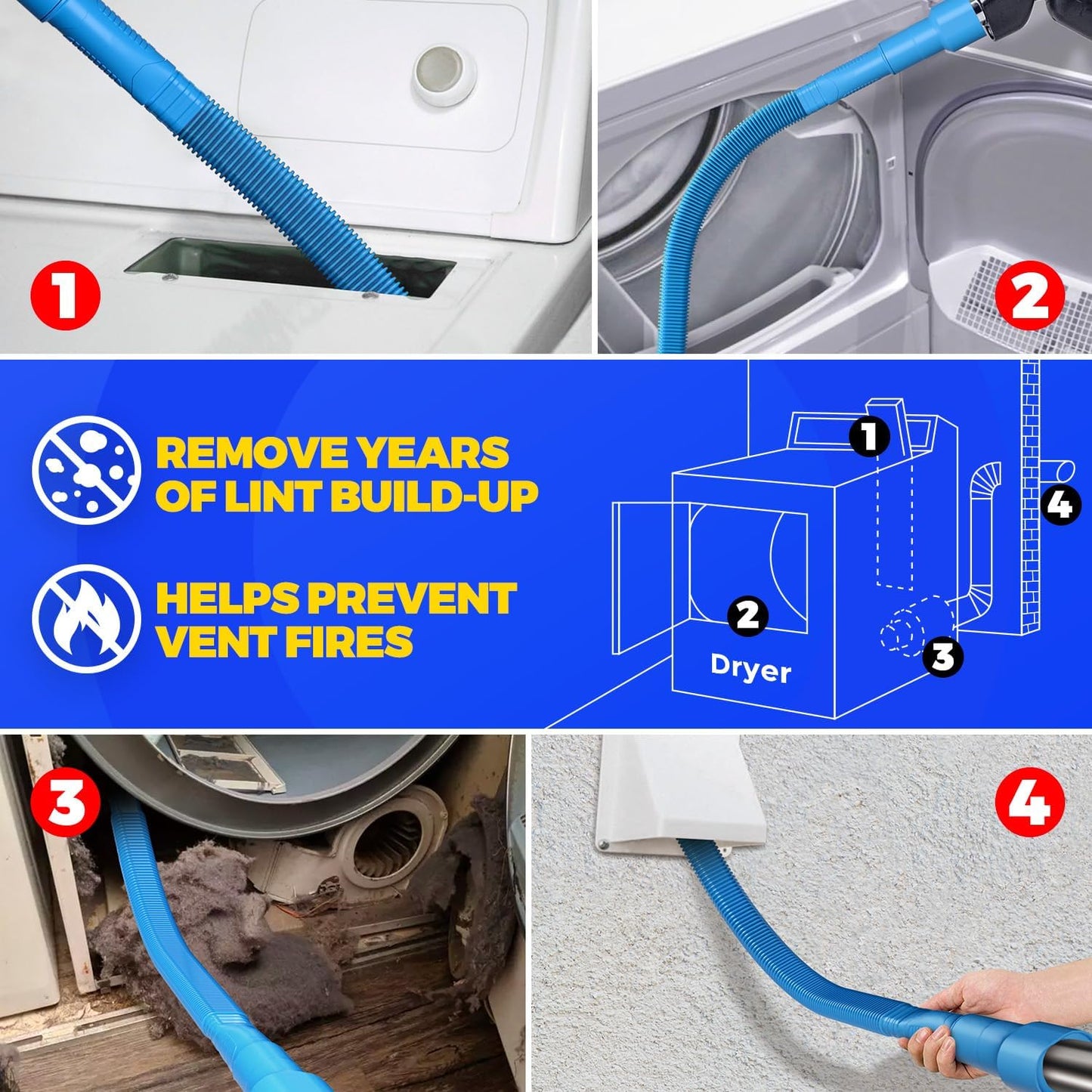 Holikme 2 Pieces Dryer Vent Cleaner Kit, Dryer Lint Vacuum Attachment and Flexible Dryer Lint Brush, Dryer Vent Vacuum Hose Attachment, Blue