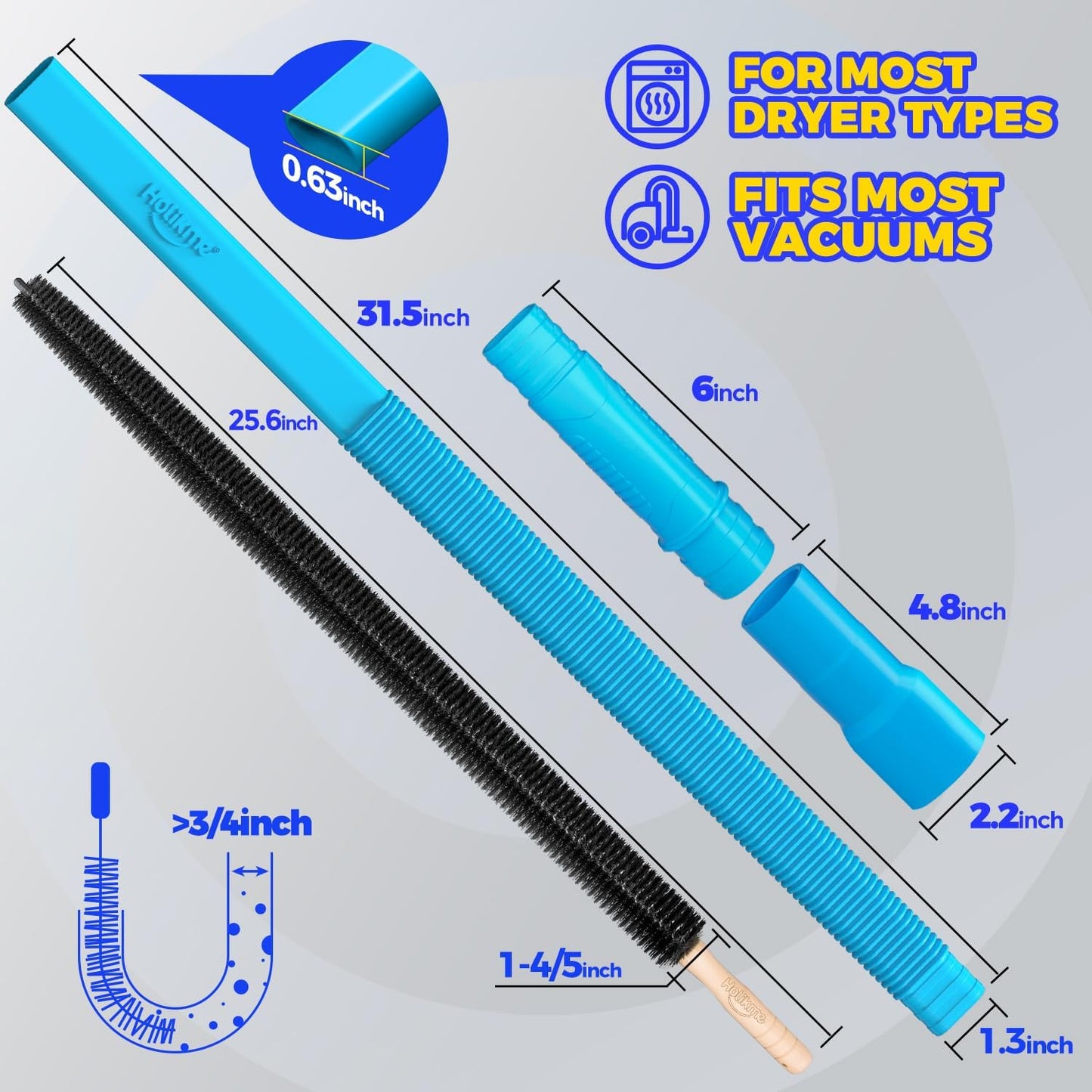 Holikme 2 Pieces Dryer Vent Cleaner Kit, Dryer Lint Vacuum Attachment and Flexible Dryer Lint Brush, Dryer Vent Vacuum Hose Attachment, Blue