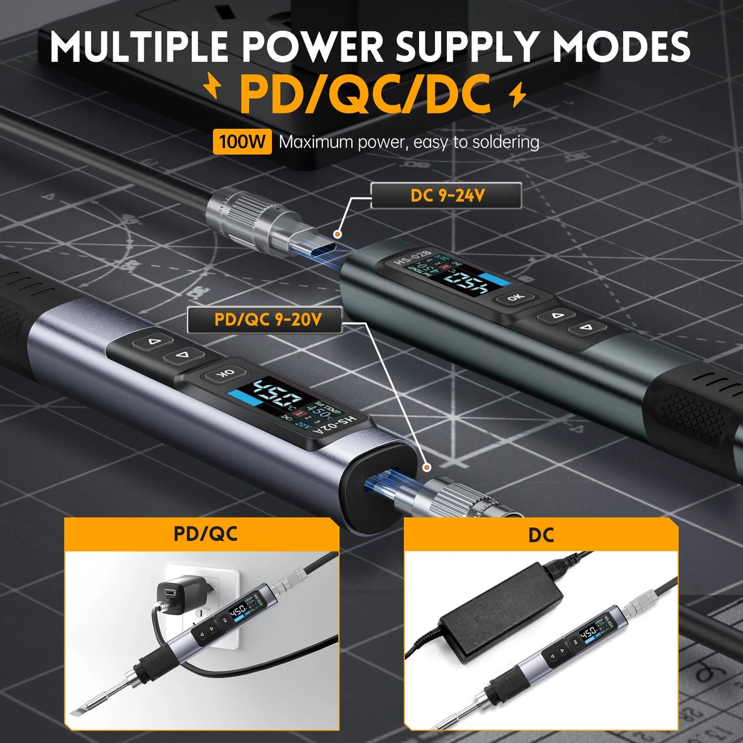 FNIRSI HS-02A Smart Soldering Iron with 6 Tips High-Power 100W Adaptable to Quick Charging PD/QC Protocol Wide Temperature Range 180-842°F Featuring Adaptive Power Efficiency 0.96 IPS HD Color Screen - HS-02A with 6 Tips