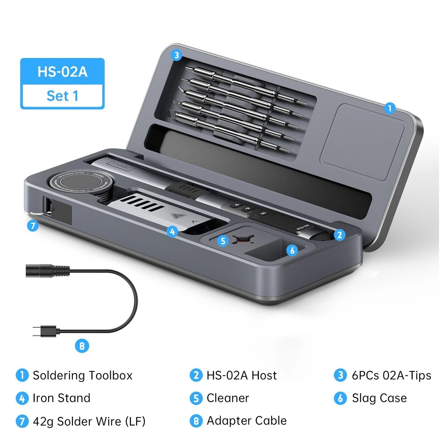 FNIRSI HS-02A Smart Soldering Iron with 6 Tips High-Power 100W Adaptable to Quick Charging PD/QC Protocol Wide Temperature Range 180-842°F Featuring Adaptive Power Efficiency 0.96 IPS HD Color Screen - HS-02A with 6 Tips
