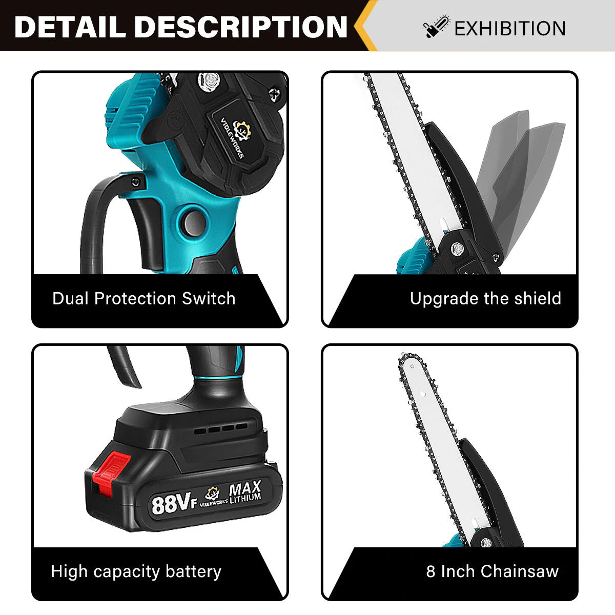 VIOLEWORKS 8 Inch 3000W 88VF Brushless Electric Saw Chainsaw Pruning Saws Woodworking Cutting Tool W/ 1pc or 2pcs Battery For Makita 18v Battery EU Plug Without Battery