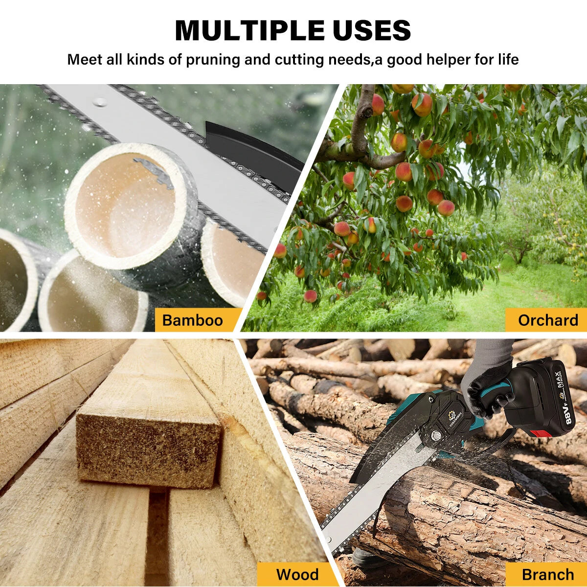 VIOLEWORKS 8 Inch 3000W 88VF Brushless Electric Saw Chainsaw Pruning Saws Woodworking Cutting Tool W/ 1pc or 2pcs Battery For Makita 18v Battery EU Plug Without Battery