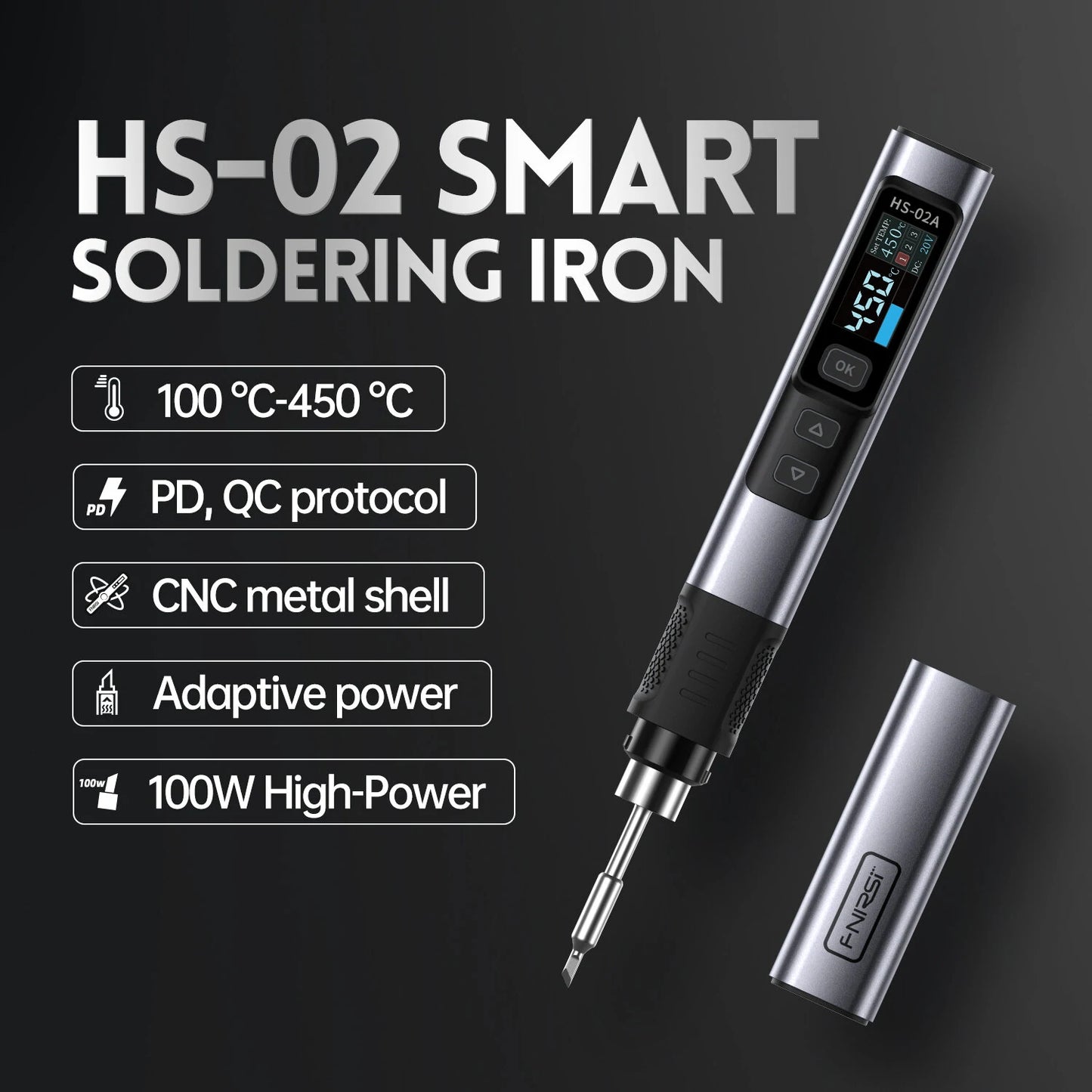 FNIRSI HS-02A Smart Soldering Iron with 6 Tips High-Power 100W Adaptable to Quick Charging PD/QC Protocol Wide Temperature Range 180-842°F Featuring Adaptive Power Efficiency 0.96 IPS HD Color Screen - HS-02A with 6 Tips