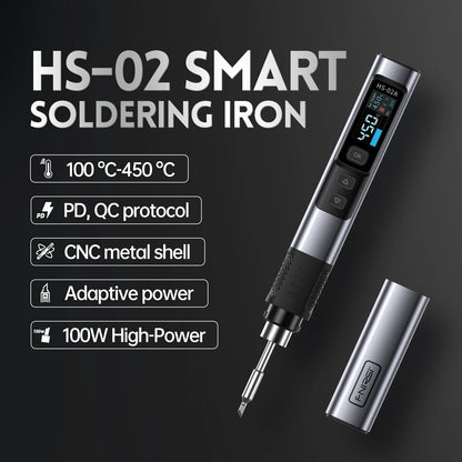 FNIRSI HS-02A Smart Soldering Iron with 6 Tips High-Power 100W Adaptable to Quick Charging PD/QC Protocol Wide Temperature Range 180-842°F Featuring Adaptive Power Efficiency 0.96 IPS HD Color Screen - HS-02A with 6 Tips