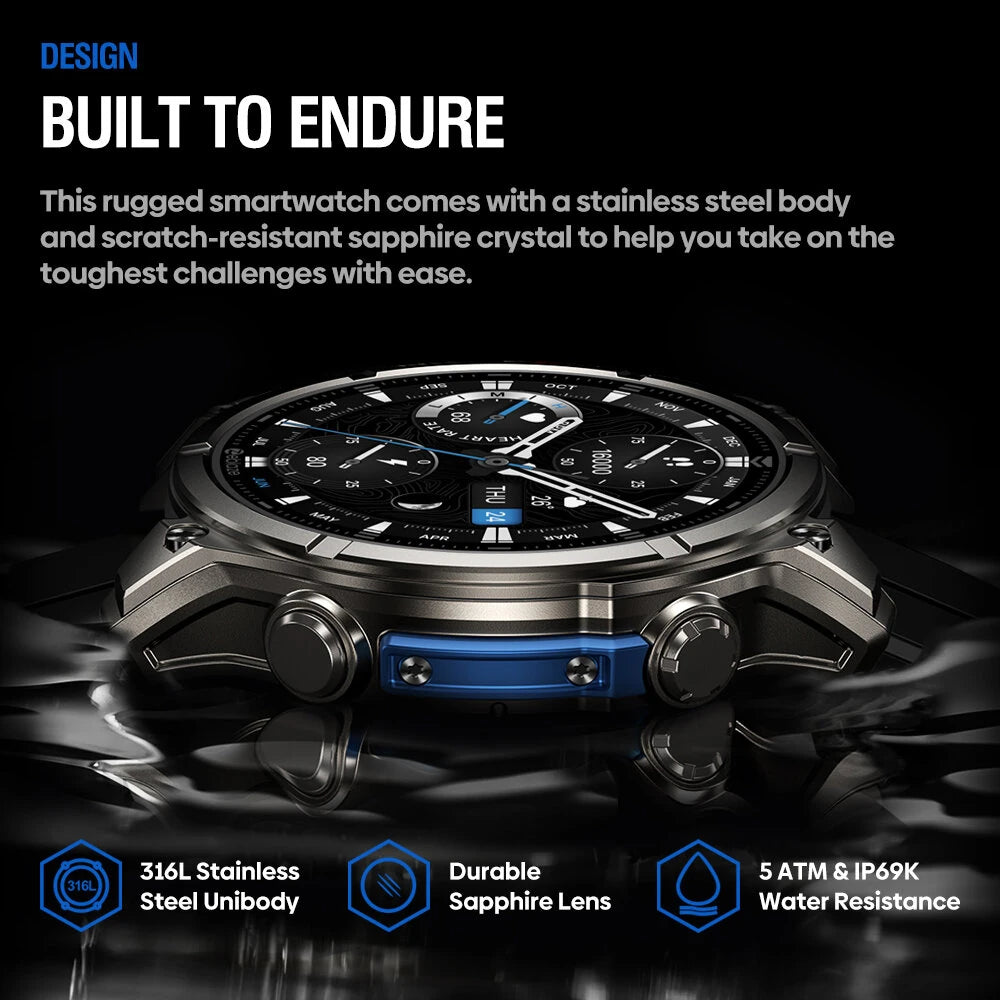 [World Premiere]Zeblaze Vibe 8 1.43-inch AMOLED 818H SapphireLens Built-in LED Flashlight 60 Days Battery Life 5ATM&IP69K Waterproof bluetooth Call Heart Rate Blood Pressure Blood Oxygen Monitor Sleep Monitoring Multi-sport Modes Smart Watch - Black