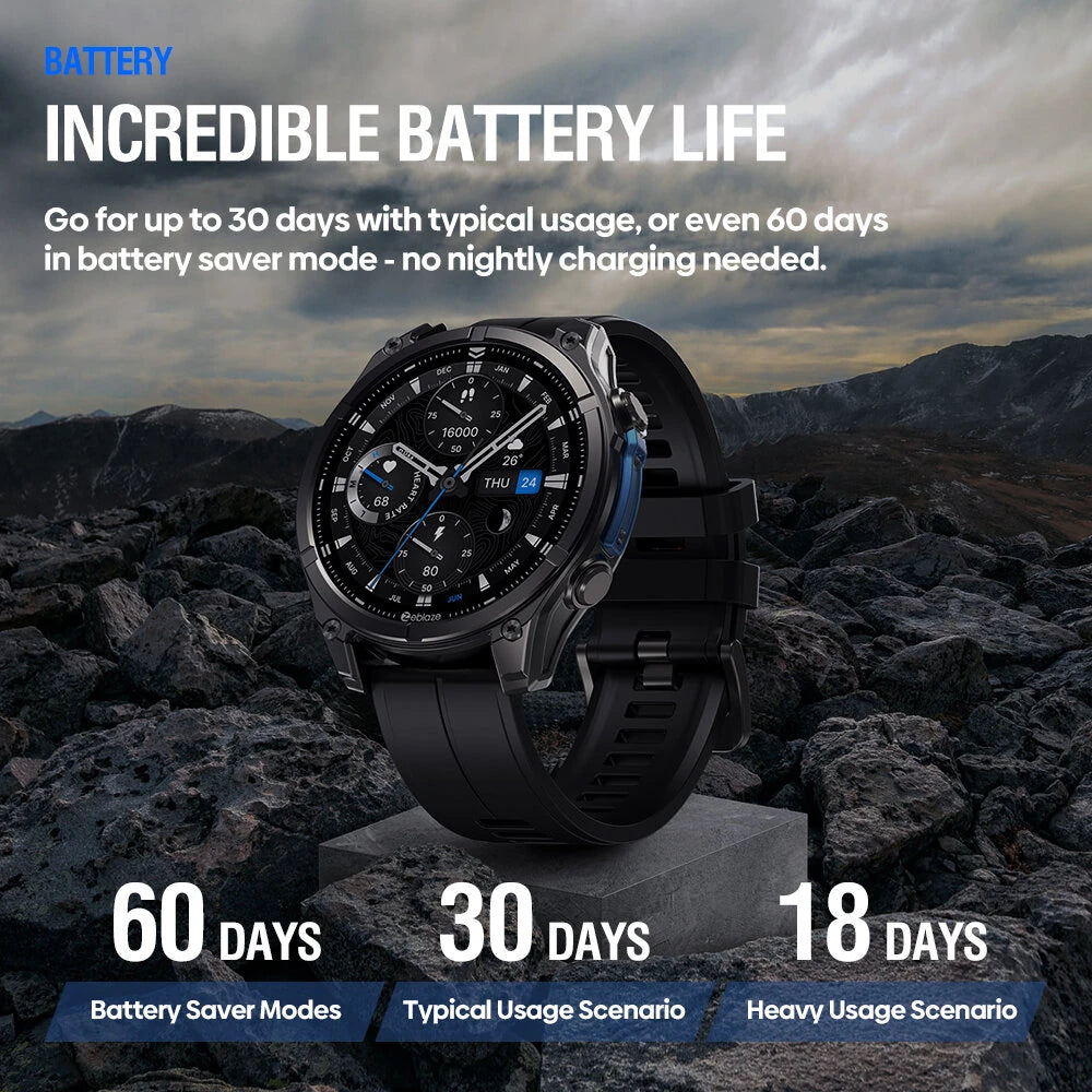 [World Premiere]Zeblaze Vibe 8 1.43-inch AMOLED 818H SapphireLens Built-in LED Flashlight 60 Days Battery Life 5ATM&IP69K Waterproof bluetooth Call Heart Rate Blood Pressure Blood Oxygen Monitor Sleep Monitoring Multi-sport Modes Smart Watch - Black