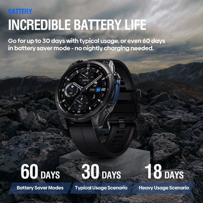 [World Premiere]Zeblaze Vibe 8 1.43-inch AMOLED 818H SapphireLens Built-in LED Flashlight 60 Days Battery Life 5ATM&IP69K Waterproof bluetooth Call Heart Rate Blood Pressure Blood Oxygen Monitor Sleep Monitoring Multi-sport Modes Smart Watch - Black