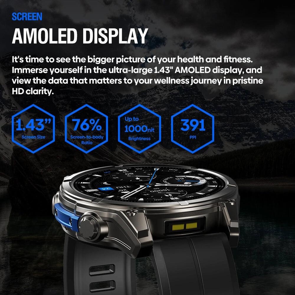[World Premiere]Zeblaze Vibe 8 1.43-inch AMOLED 818H SapphireLens Built-in LED Flashlight 60 Days Battery Life 5ATM&IP69K Waterproof bluetooth Call Heart Rate Blood Pressure Blood Oxygen Monitor Sleep Monitoring Multi-sport Modes Smart Watch - Black