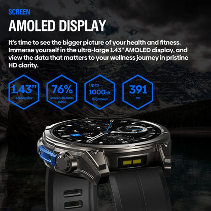 [World Premiere]Zeblaze Vibe 8 1.43-inch AMOLED 818H SapphireLens Built-in LED Flashlight 60 Days Battery Life 5ATM&IP69K Waterproof bluetooth Call Heart Rate Blood Pressure Blood Oxygen Monitor Sleep Monitoring Multi-sport Modes Smart Watch - Black